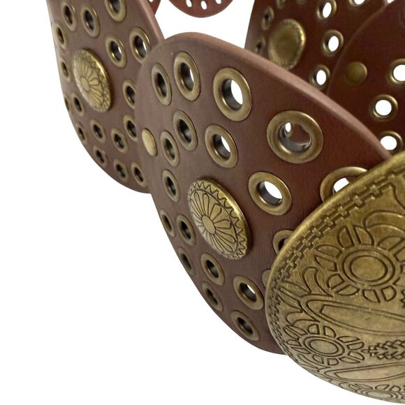 Women\'s Waist Concho Belt Brown Wide Leather Brass Disc Buckle Boho Western